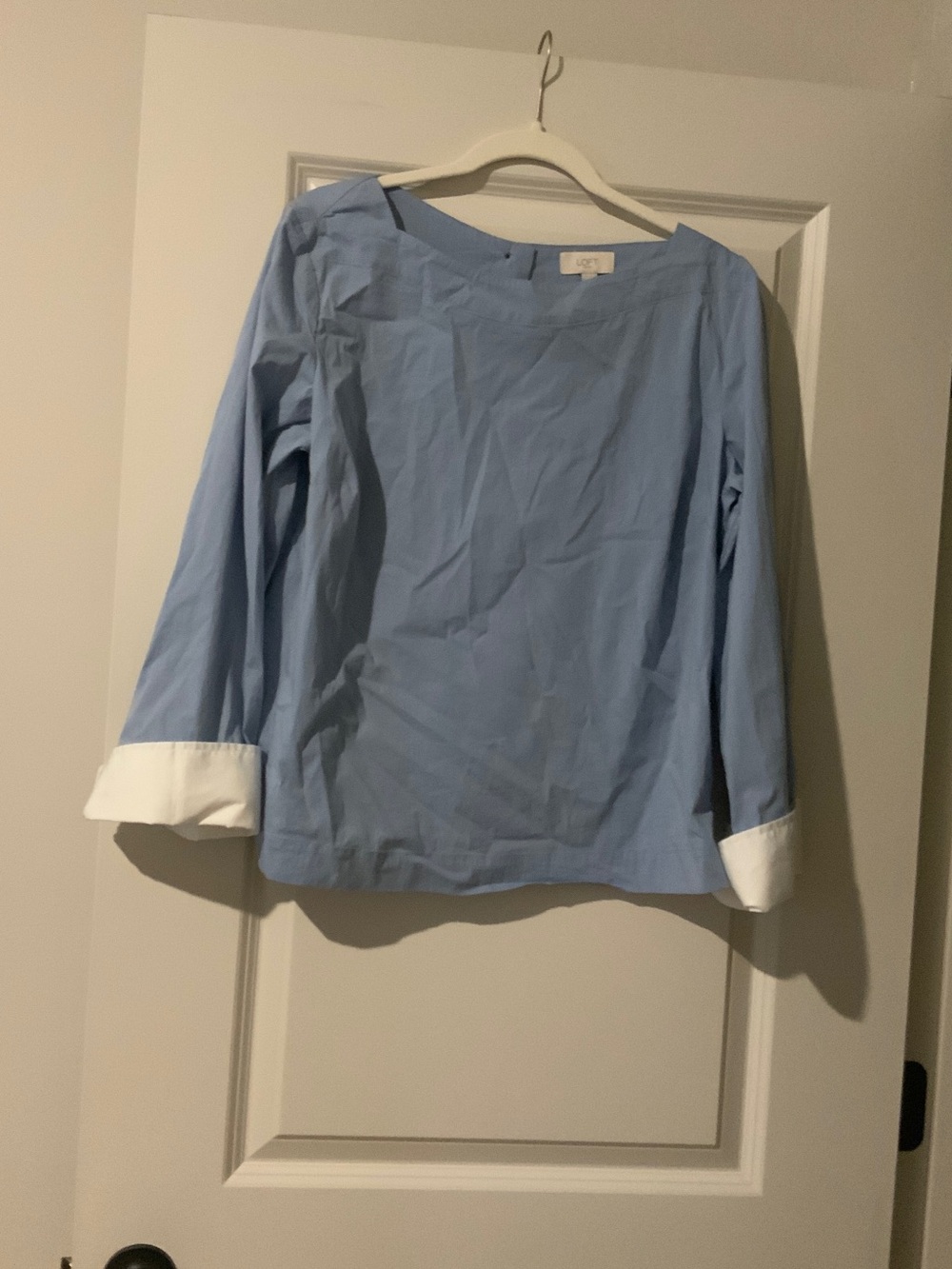 LOFT Light Blue Top with White Contrast Cuffs